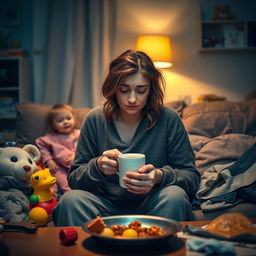 A tired mother sitting on the couch, looking exhausted with disheveled hair and dark circles under her eyes, surrounded by scattered toys and laundry, holding a warm cup of coffee in her hands