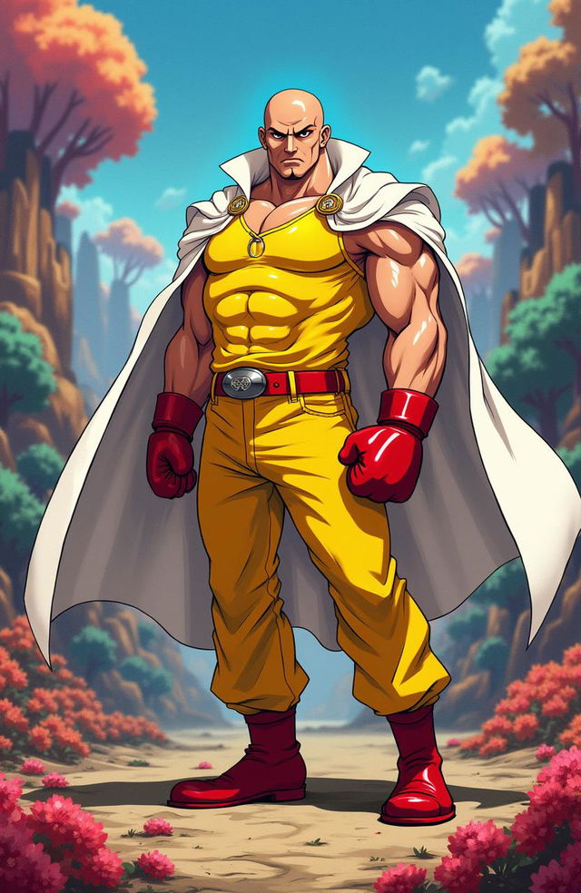 A muscular bald man with a serious expression, styled in the vivid, exaggerated fashion characteristic of JoJo's Bizarre Adventure