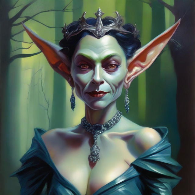 This is a high-quality modern fantasy oil painting set in Chicago, featuring a beautiful yet evil goblin stepmother of South American origin