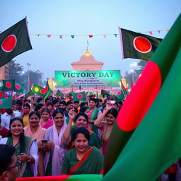 A vibrant and festive celebration scene on Victory Day in Bangladesh, showcasing a real estate company's involvement