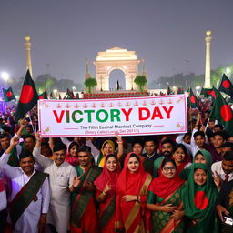 A vibrant and festive celebration scene on Victory Day in Bangladesh, showcasing a real estate company's involvement