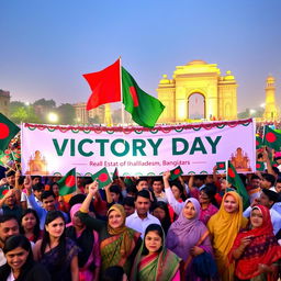 A vibrant and festive celebration scene on Victory Day in Bangladesh, showcasing a real estate company's involvement