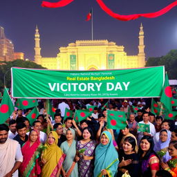 A vibrant and festive celebration scene on Victory Day in Bangladesh, showcasing a real estate company's involvement