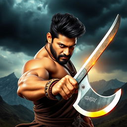 An action-packed portrait of Allu Arjun, a popular Indian film actor, showcasing him wielding a gleaming axe