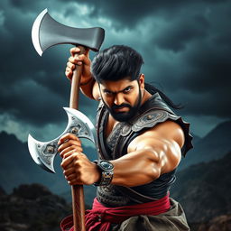 An action-packed portrait of Allu Arjun, a popular Indian film actor, showcasing him wielding a gleaming axe