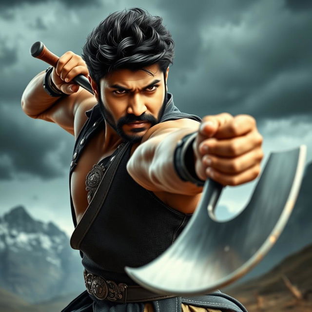 An action-packed portrait of Allu Arjun, a popular Indian film actor, showcasing him wielding a gleaming axe