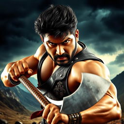 An action-packed portrait of Allu Arjun, a popular Indian film actor, showcasing him wielding a gleaming axe