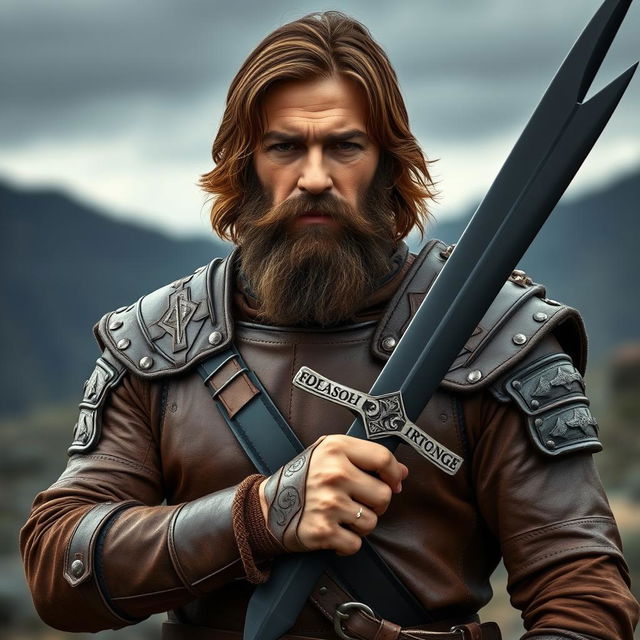 A rugged man with shoulder-length brown hair and a thick beard, dressed in detailed leather armor that reflects a medieval aesthetic