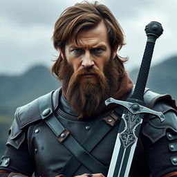 A rugged man with shoulder-length brown hair and a thick beard, dressed in detailed leather armor that reflects a medieval aesthetic