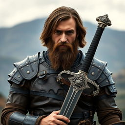A rugged man with shoulder-length brown hair and a thick beard, dressed in detailed leather armor that reflects a medieval aesthetic