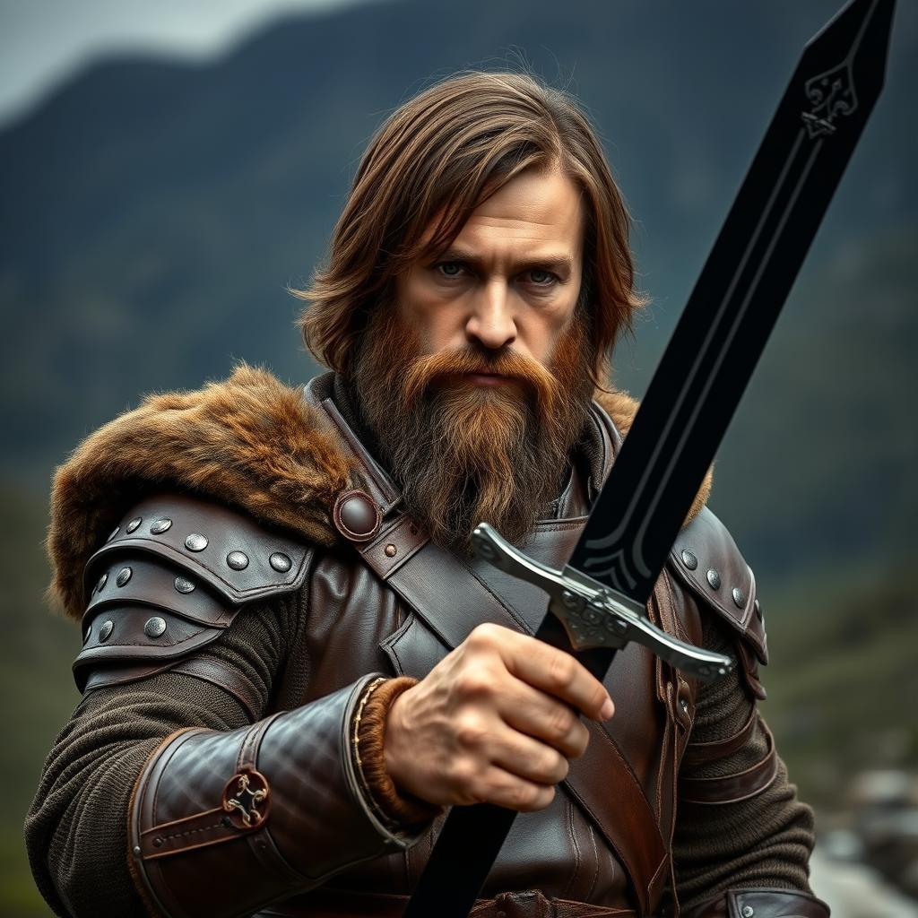 A rugged man with shoulder-length brown hair and a thick beard, dressed in detailed leather armor that reflects a medieval aesthetic