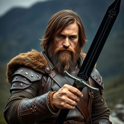 A rugged man with shoulder-length brown hair and a thick beard, dressed in detailed leather armor that reflects a medieval aesthetic