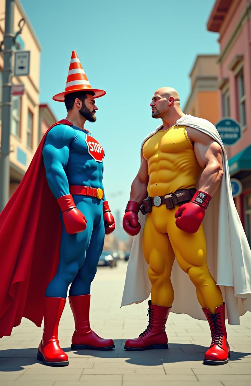 A dynamic scene featuring two muscular heroes facing each other