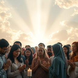 A group of diverse people of various ethnicities and ages gathered in a harmonious setting, reflecting an atmosphere of devotion and worship