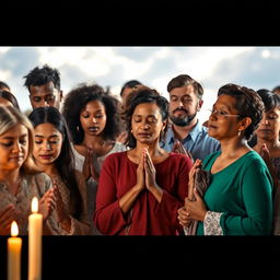 A group of diverse people of various ethnicities and ages gathered in a harmonious setting, reflecting an atmosphere of devotion and worship