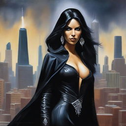 An oil painting portrays a stunning Latina sorceress in modern attire, embodying an air of malevolence in Chicago