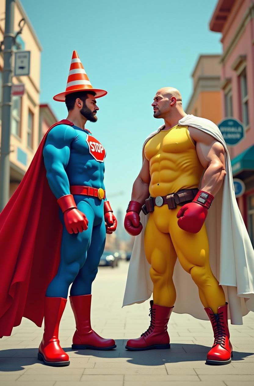 Two muscular superheroes standing face to face in a lively urban setting