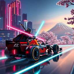 A futuristic scene featuring a samurai wielding a glowing light saber, driving a sleek Red Bull Formula 1 car