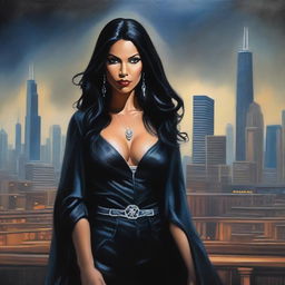 An oil painting portrays a stunning Latina sorceress in modern attire, embodying an air of malevolence in Chicago