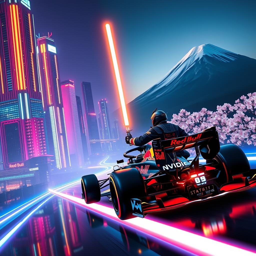 A futuristic scene featuring a samurai wielding a glowing light saber, driving a sleek Red Bull Formula 1 car
