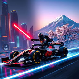 A futuristic scene featuring a samurai wielding a glowing light saber, driving a sleek Red Bull Formula 1 car