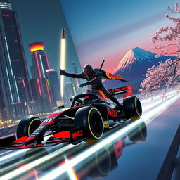 A futuristic scene featuring a samurai wielding a glowing light saber, driving a sleek Red Bull Formula 1 car