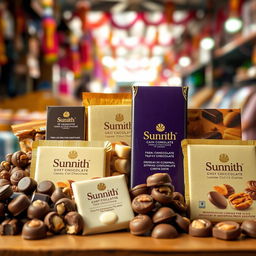 A beautifully arranged display of various kinds of Sunnith chocolates, showcasing an assortment of dark, milk, and white chocolate pieces, with some filled with nuts and caramel