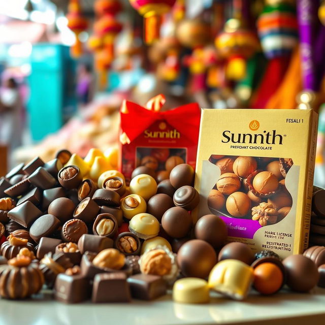 A beautifully arranged display of various kinds of Sunnith chocolates, showcasing an assortment of dark, milk, and white chocolate pieces, with some filled with nuts and caramel