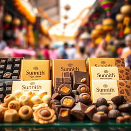 A beautifully arranged display of various kinds of Sunnith chocolates, showcasing an assortment of dark, milk, and white chocolate pieces, with some filled with nuts and caramel