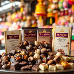 A beautifully arranged display of various kinds of Sunnith chocolates, showcasing an assortment of dark, milk, and white chocolate pieces, with some filled with nuts and caramel