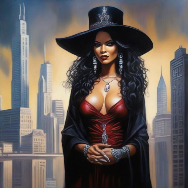 An oil painting portrays a stunning Latina sorceress in modern attire, embodying an air of malevolence in Chicago