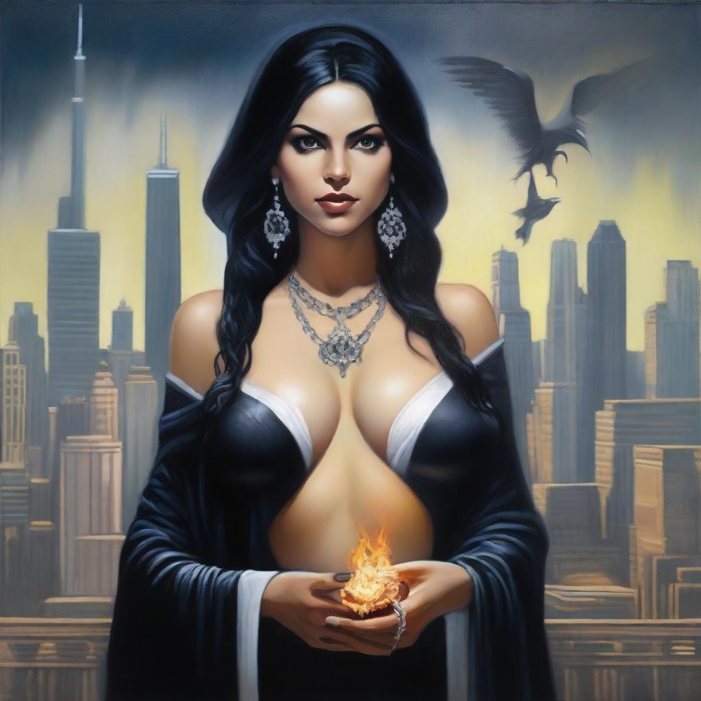 An exquisite oil painting depicts a beautiful Latina sorceress with white skin and black eyes