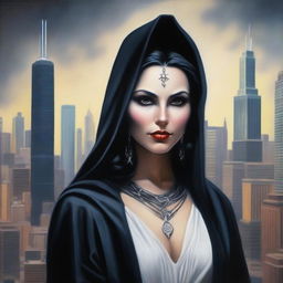 An exquisite oil painting depicts a beautiful Latina sorceress with white skin and black eyes