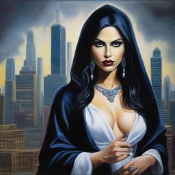 An exquisite oil painting depicts a beautiful Latina sorceress with white skin and black eyes