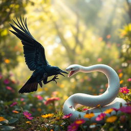 A fierce battle scene depicting a crow and a white snake locked in combat in a lush, vibrant forest
