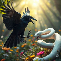 A fierce battle scene depicting a crow and a white snake locked in combat in a lush, vibrant forest