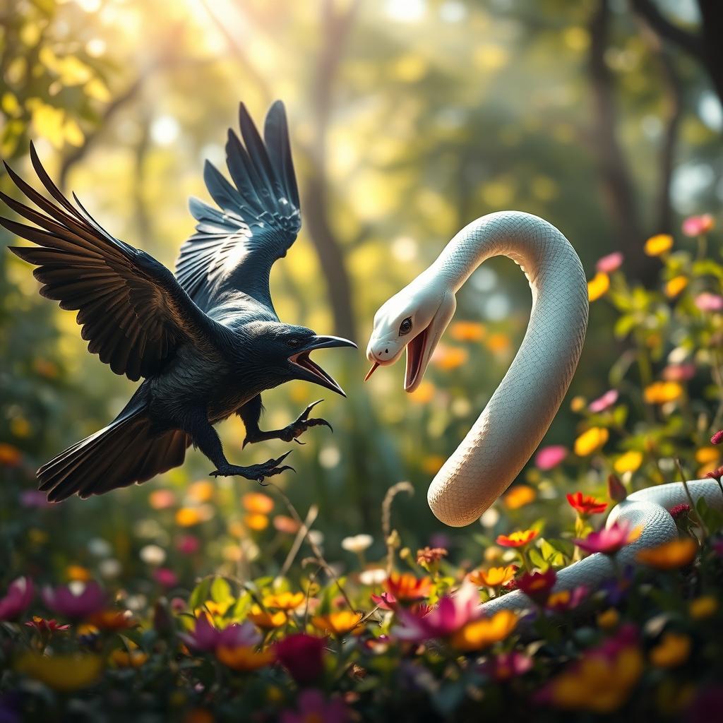 A fierce battle scene depicting a crow and a white snake locked in combat in a lush, vibrant forest