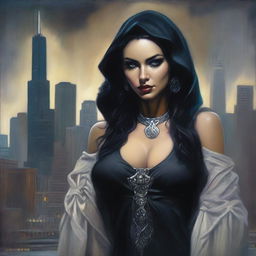 An exquisite oil painting depicts a beautiful Latina sorceress with white skin and black eyes