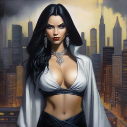 This high-quality oil painting reveals a beautiful Latina sorceress with white skin and black eyes