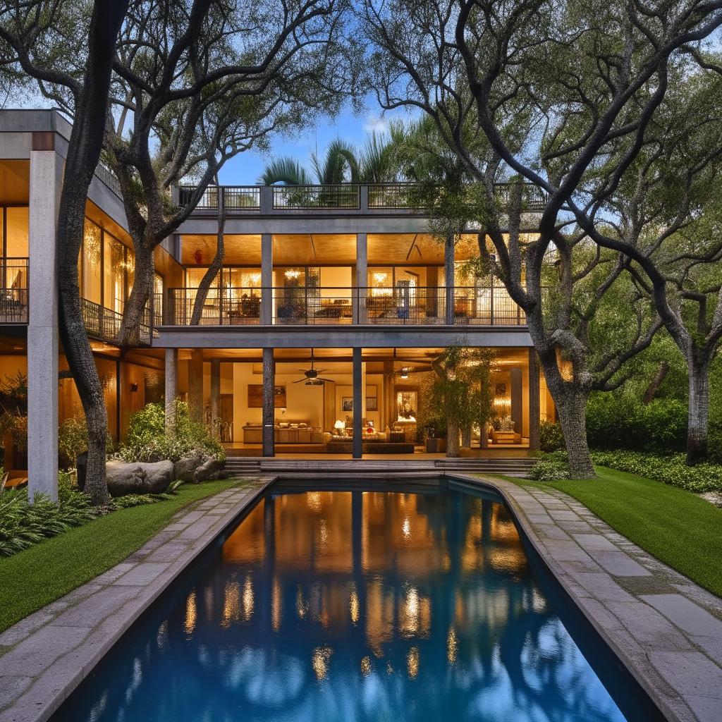 A three-story modern tropical industrial house with a swimming pool, surrounded by numerous trees. A large backyard features a gazebo over a fish pond. The property includes a spacious garage accommodating 12 cars.