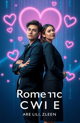 A modern book cover design featuring a young male programmer and a female professional standing back-to-back in a cyberpunk aesthetic