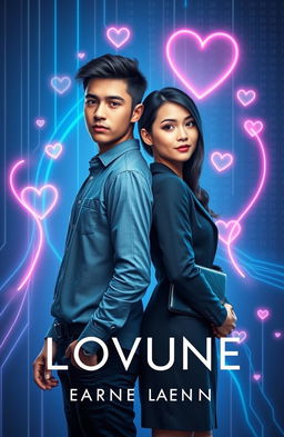 A modern book cover design featuring a young male programmer and a female professional standing back-to-back in a cyberpunk aesthetic