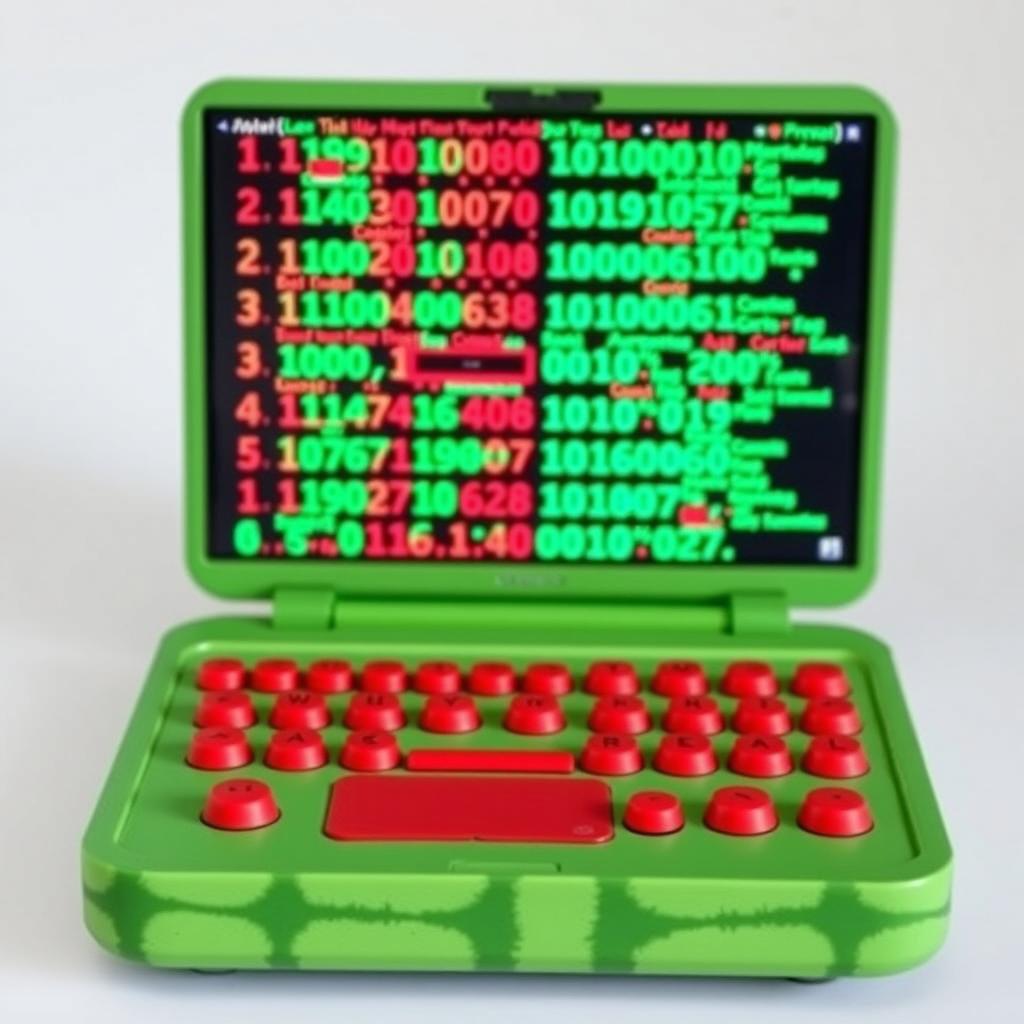 A unique laptop featuring a watermelon-themed design, with a vibrant green and red watermelon keyboard and buttons shaped like slices of watermelon