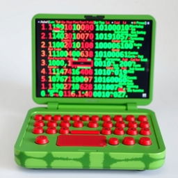 A unique laptop featuring a watermelon-themed design, with a vibrant green and red watermelon keyboard and buttons shaped like slices of watermelon