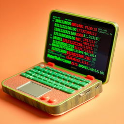 A unique laptop featuring a watermelon-themed design, with a vibrant green and red watermelon keyboard and buttons shaped like slices of watermelon