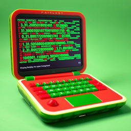 A unique laptop featuring a watermelon-themed design, with a vibrant green and red watermelon keyboard and buttons shaped like slices of watermelon
