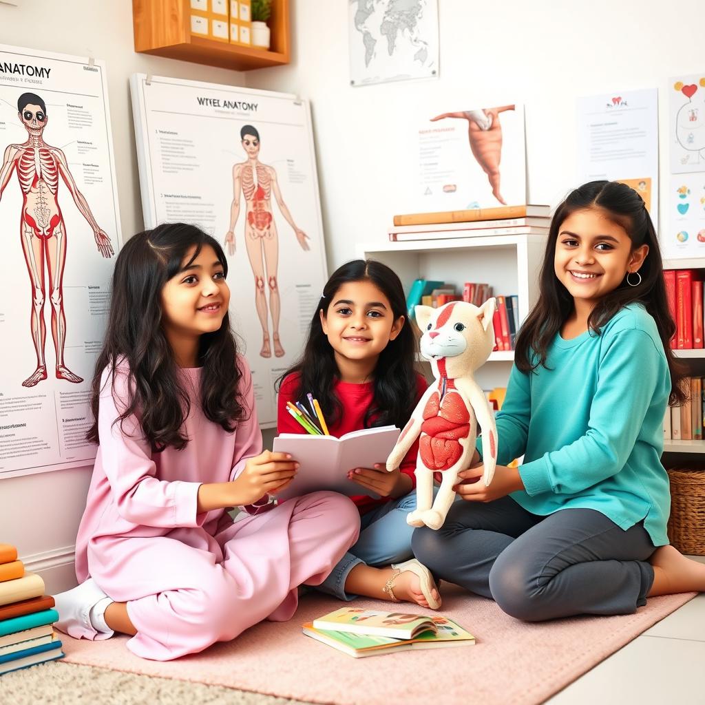 A warm and friendly scene featuring three young Persian girls studying together in a cozy room