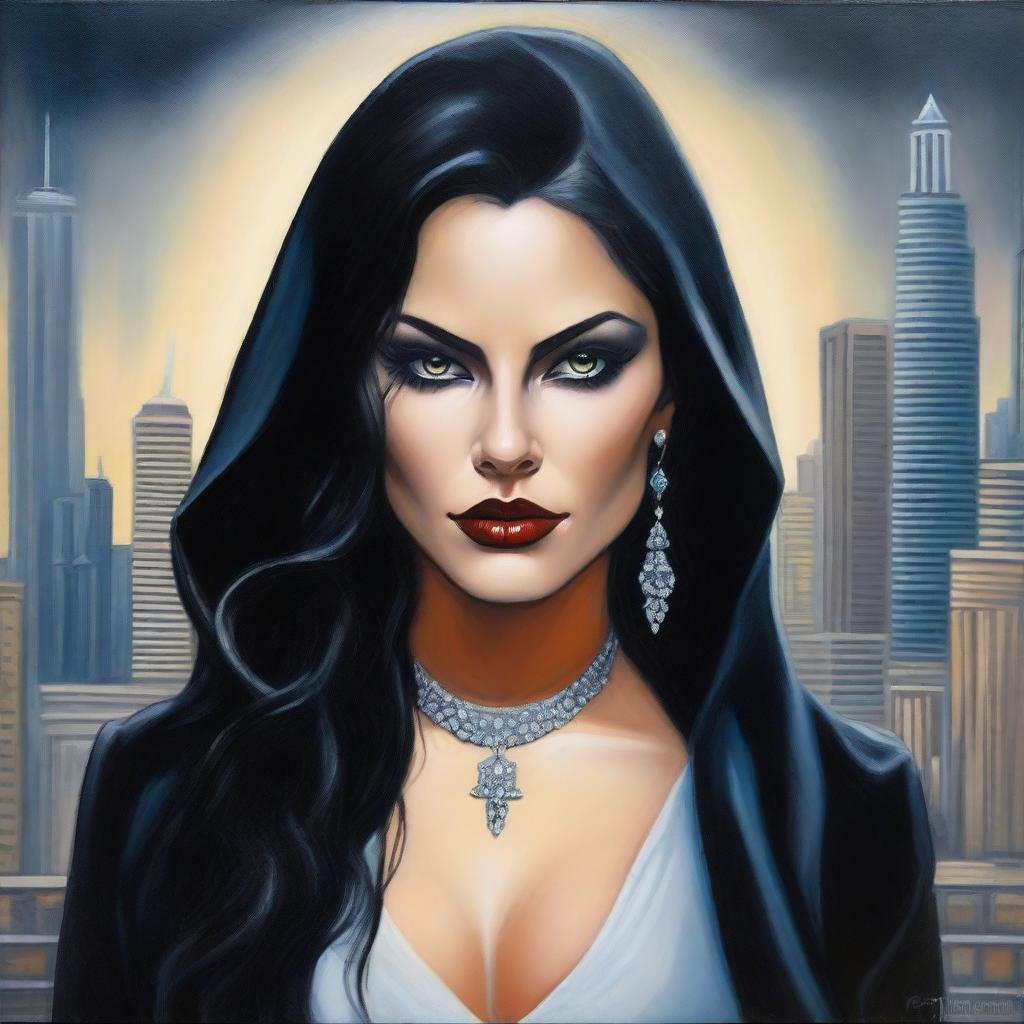 This high-quality oil painting reveals a beautiful Latina sorceress with white skin and black eyes