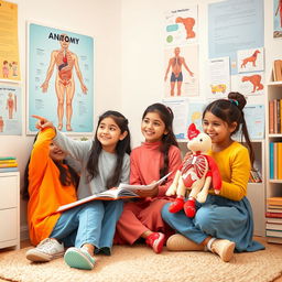 A warm and friendly scene featuring three young Persian girls studying together in a cozy room