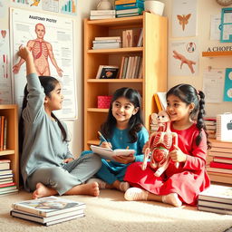 A warm and friendly scene featuring three young Persian girls studying together in a cozy room